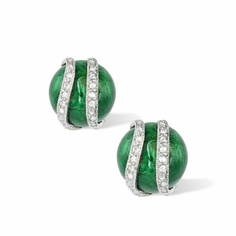 A Pair Of Green Enamel And Diamond Stud Earrings