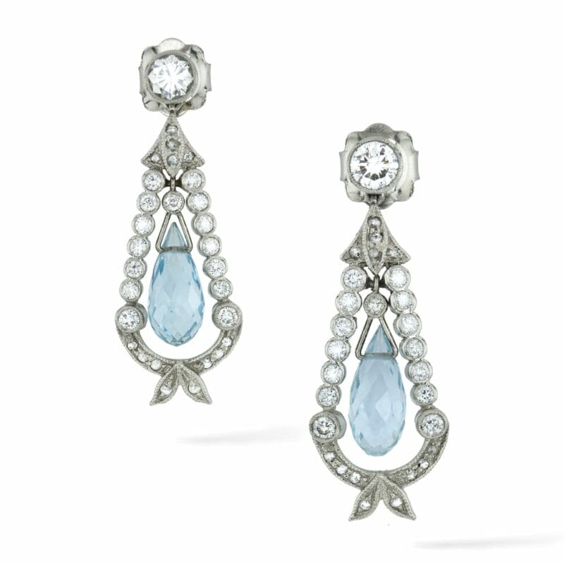 A Pair Of Diamond And Aquamarine Drop Earrings