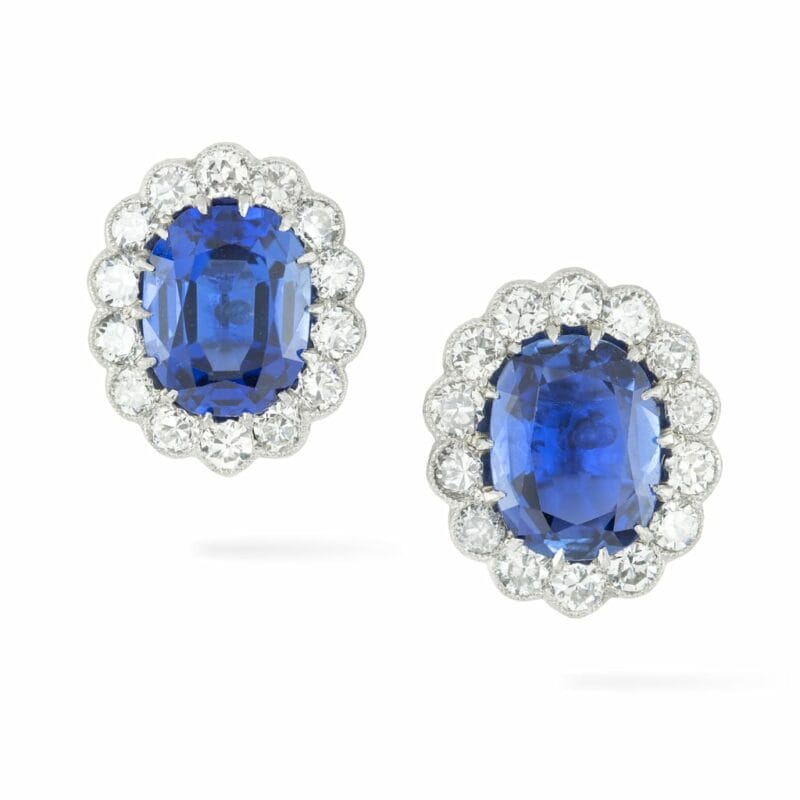 A Pair Of George V  Sapphire And Diamond Cluster Earrings