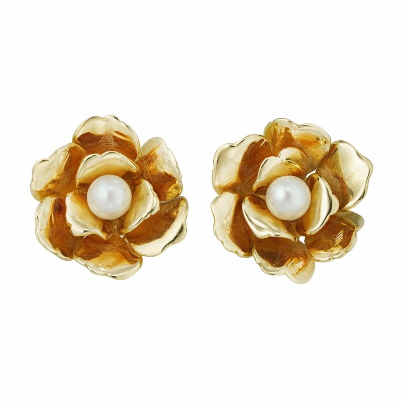 A Pair Of Yellow Gold And Pearl Flower Earrings