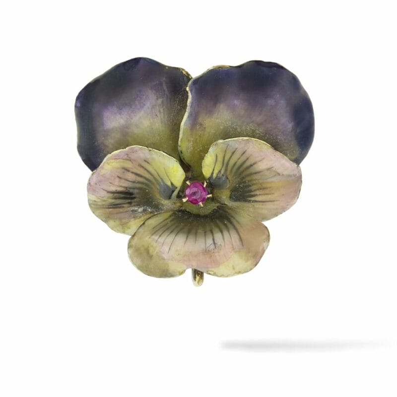 An Antique Enamel And Ruby Pansy Brooch