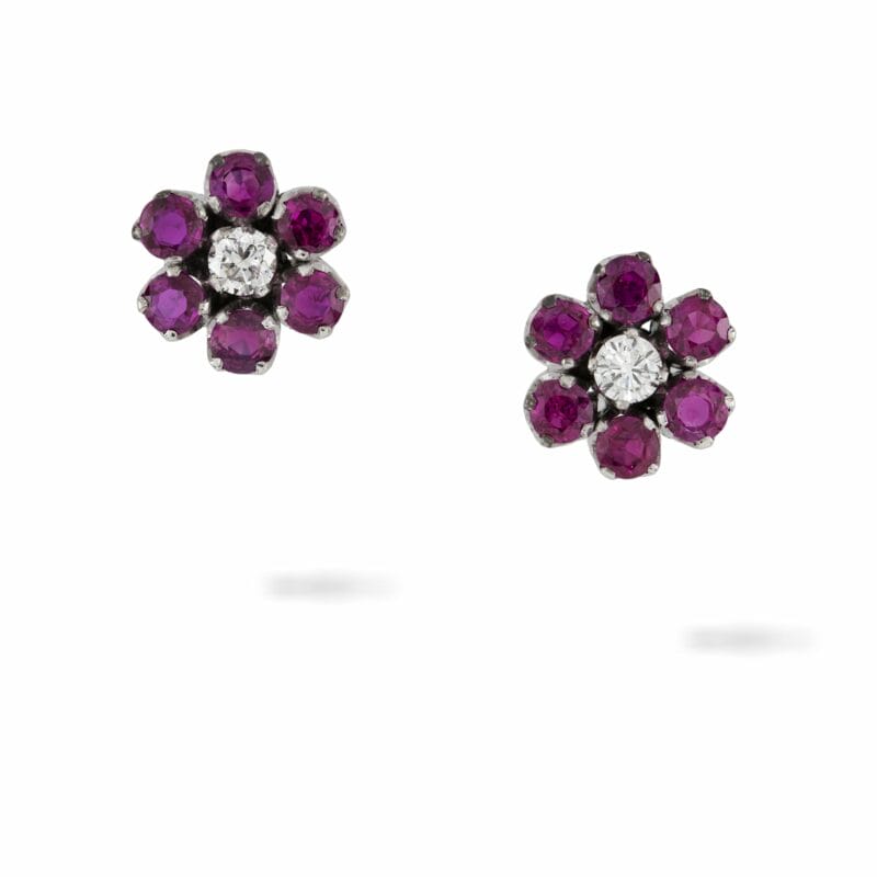 A Pair Of Ruby And Diamond Floral Cluster Stud Earrings