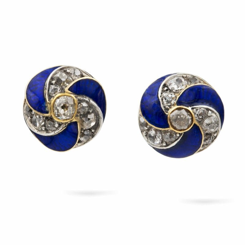A Pair Of Victorian Blue Enamel And Diamond Stud Earrings