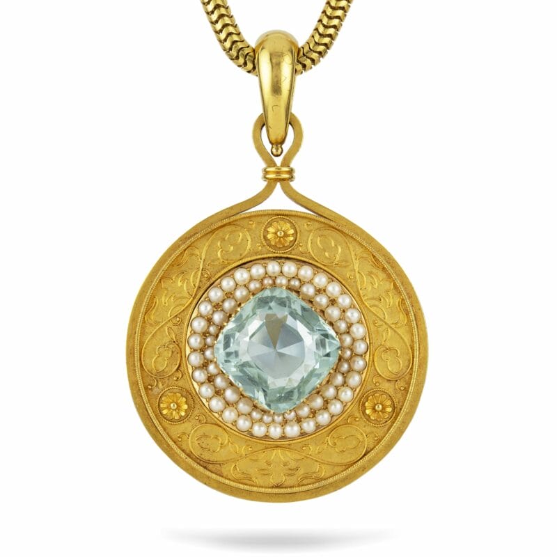 A Victorian Aquamarine, Pearl and Gold Pendant-Necklace