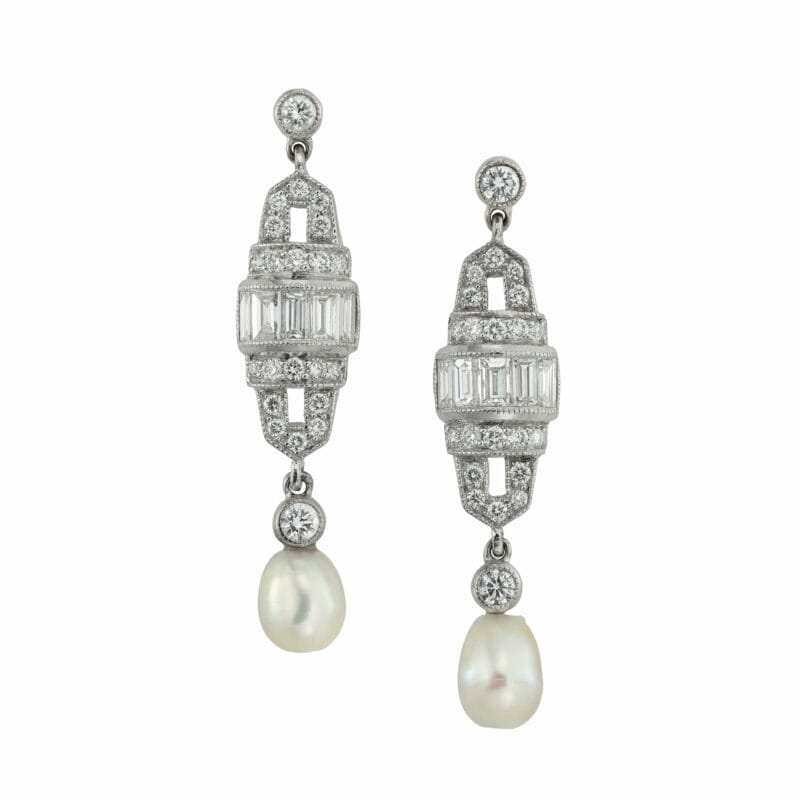 A Pair Of Art Deco Style Pearl And Diamond Drop Earrings