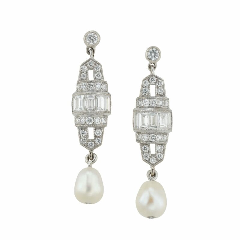 A Pair Of Art-deco Style Earrings Diamond And  Pearl Drops