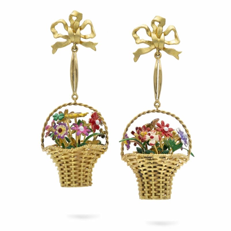 A pair of gold and multi-colour enamel basket earrings