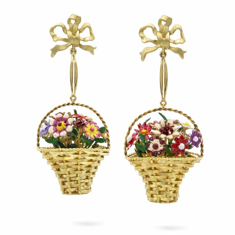 A Pair Of Gold And Multi-Colour Enamel Basket Earrings