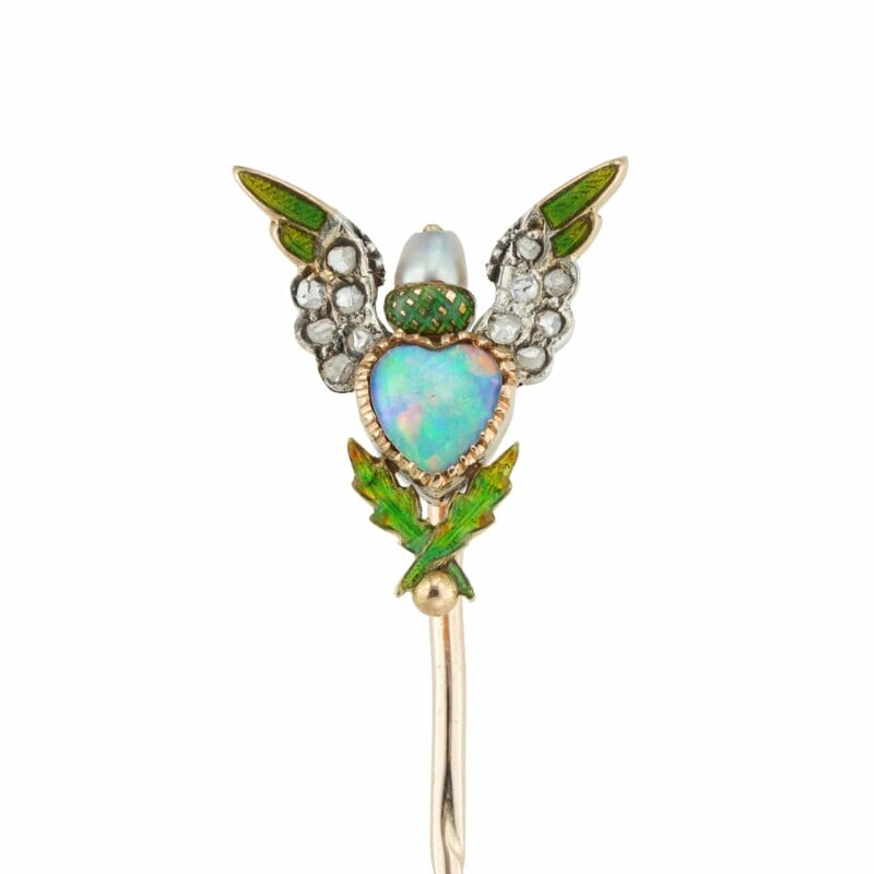 A Late Victorian Opal, Enamel, Diamond And Pearl Stickpin
