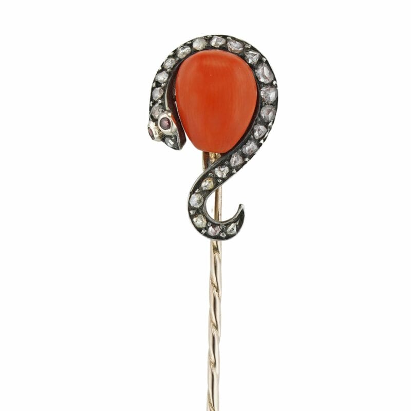 A Victorian Coral And Diamond Stick Pin