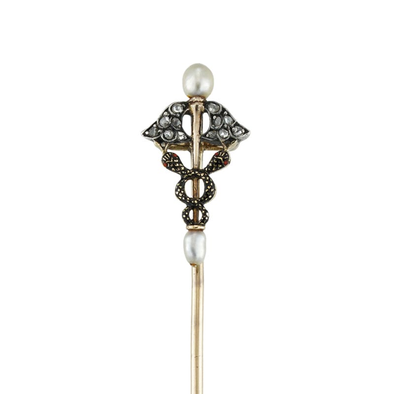 A Late Victorian Caduceus Pearl And Diamond Stick-pin