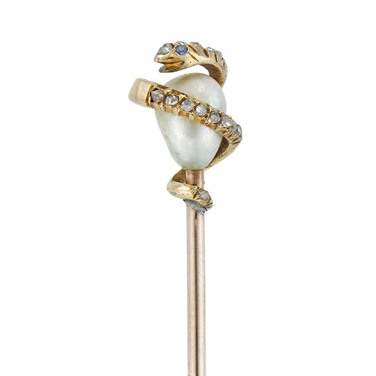 A late Victorian natural pearl and diamond snake stick-pin