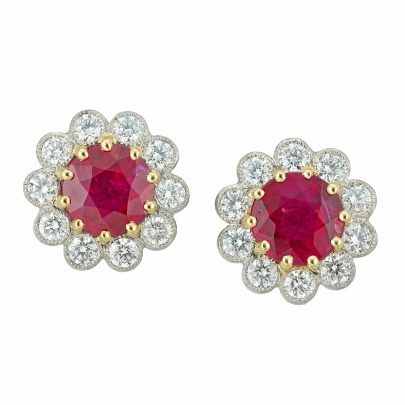 A Pair Of Burmese Ruby And Diamond Cluster Earrings