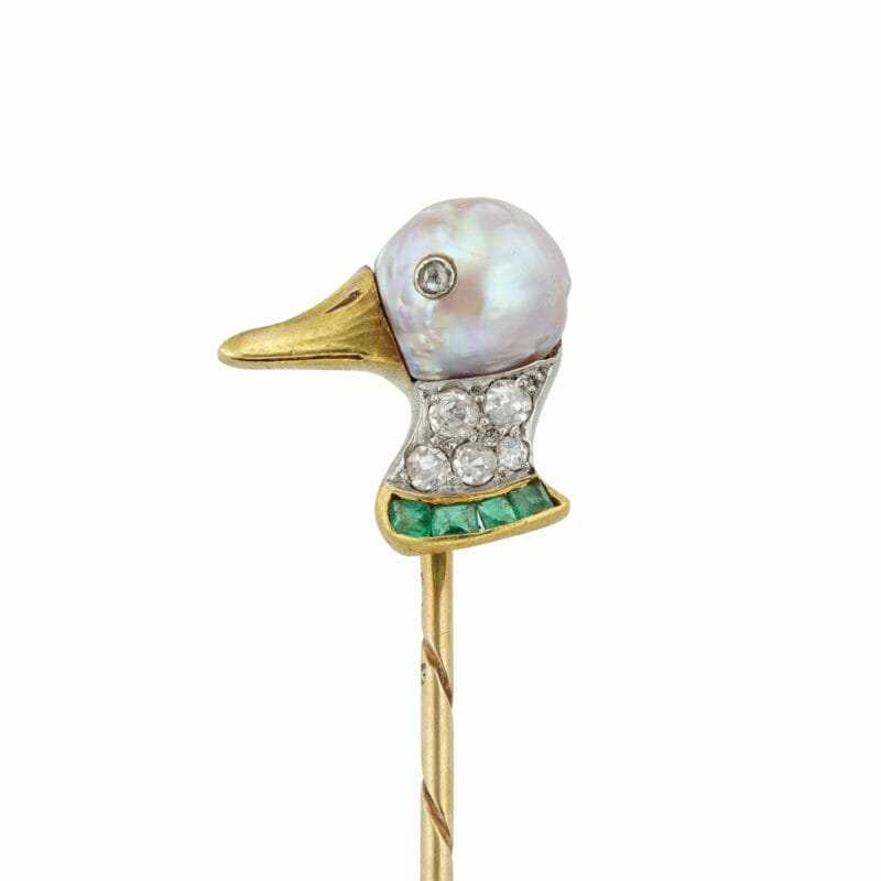 A Pearl, Diamond And Emerald Duck Head Stick-pin