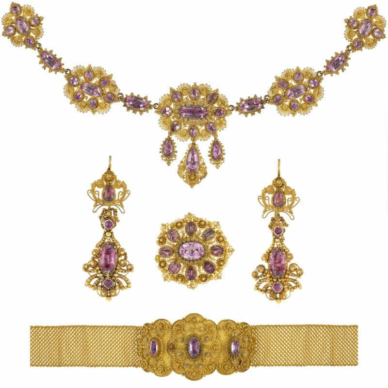 A Georgian pink topaz and gold cannetille suite