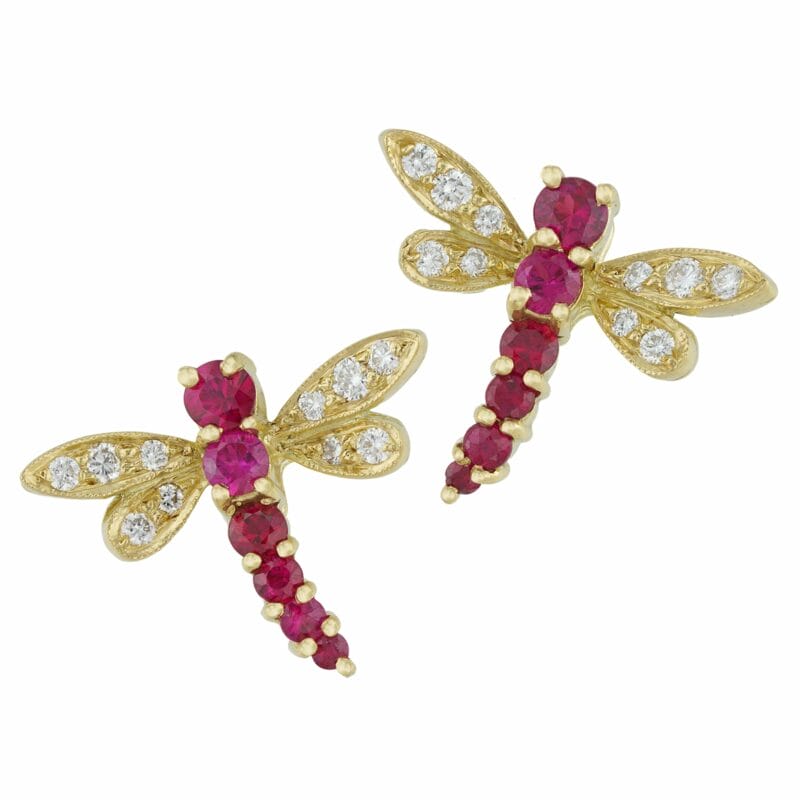 A pair of ruby, diamond and yellow gold dragonfly earrings