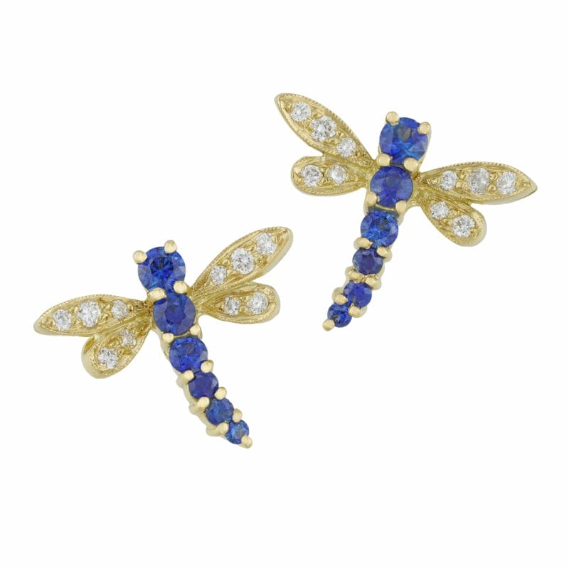 A pair of sapphire and diamond gold dragonfly earrings