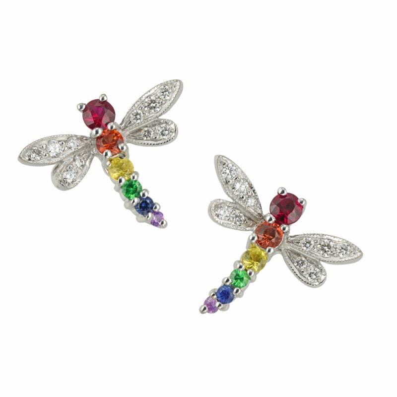 A pair of multi-colour gem and diamond dragonfly earrings