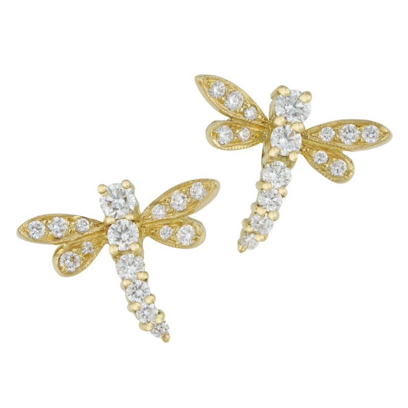 A pair of diamond and yellow gold dragonfly earrings