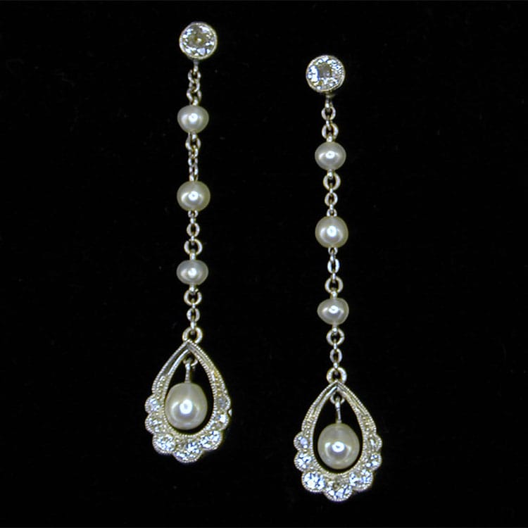 A Pair Of Period Diamond And Pearl Drop Earrings