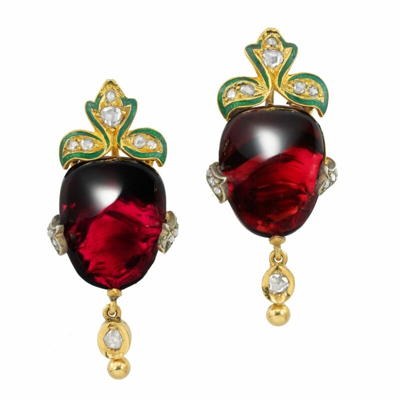 A pair of Victorian garnet, diamond and enamel drop earrings