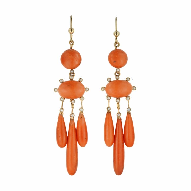 A pair of Victorian coral and pearl drop earrings