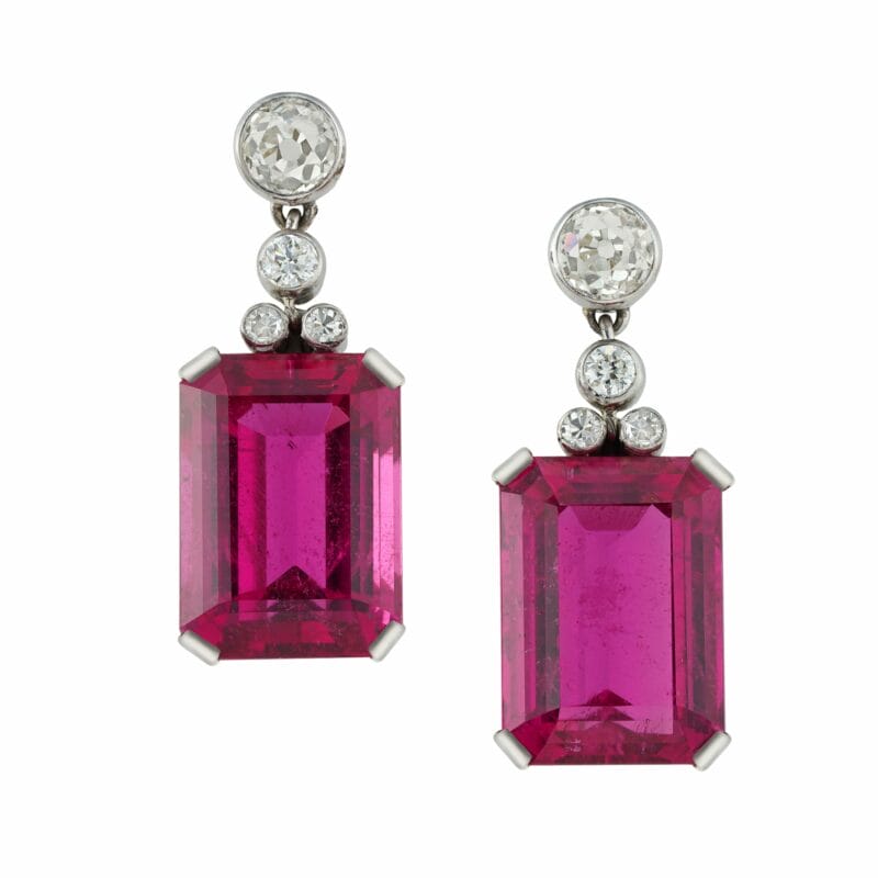 A vintage pair of rubellite and diamond drop earrings