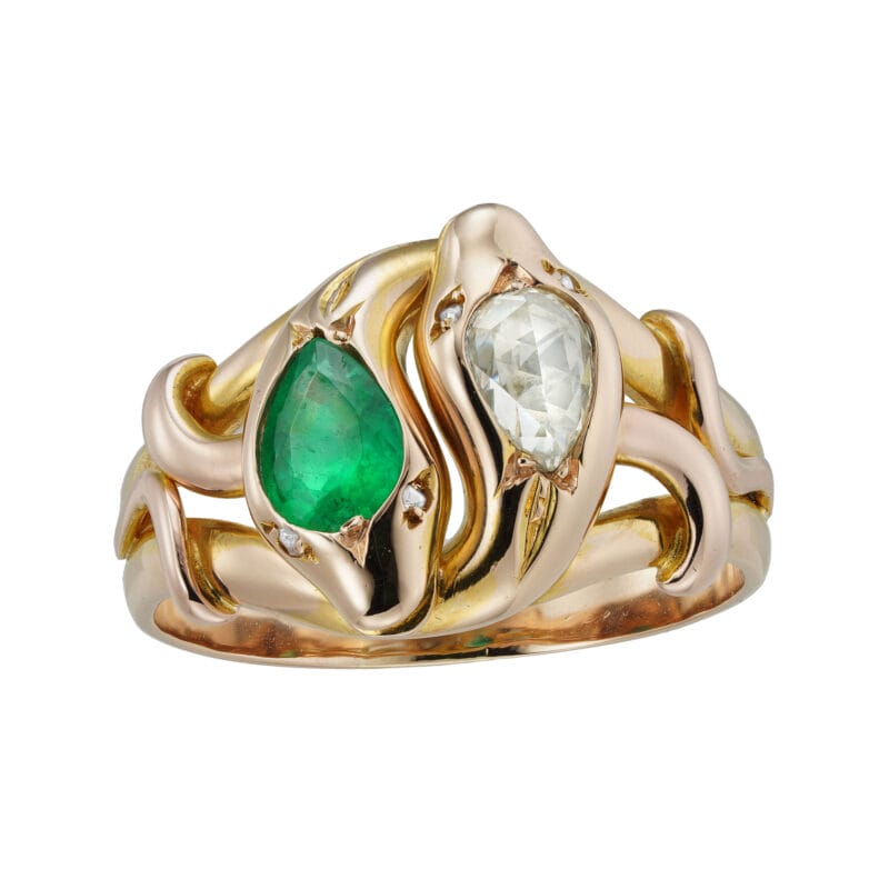 A late Victorian emerald and diamond double snake ring