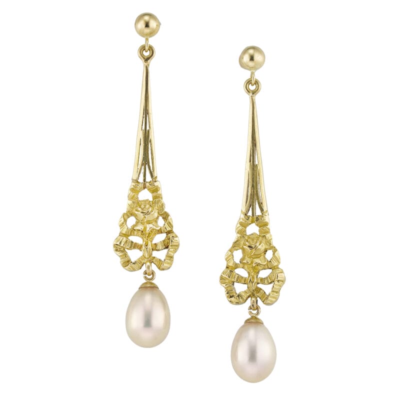 A pair of gold and cultured pearl drop earrings