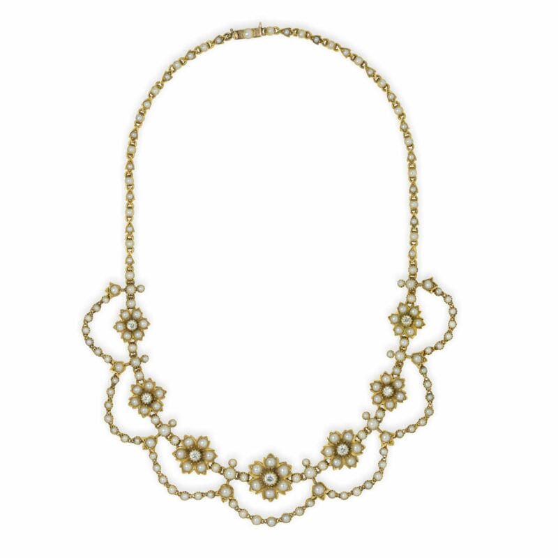 A Late Victorian Pearl, Diamond And Gold Necklace
