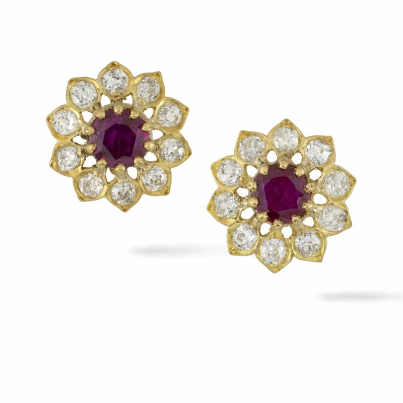 A Pair Of Ruby And Diamond Floral Cluster Stud Earring