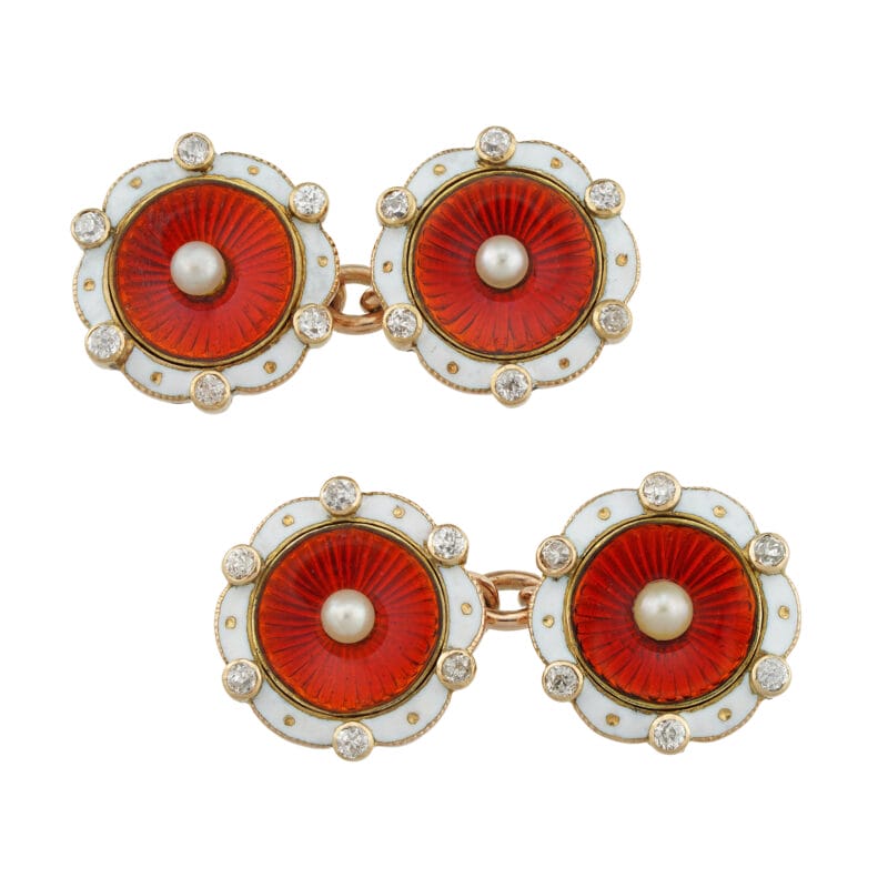 A pair of late Victorian enamel, pearl and diamond cufflinks