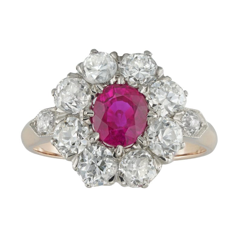 An early 20th century Burmese ruby and diamond cluster ring