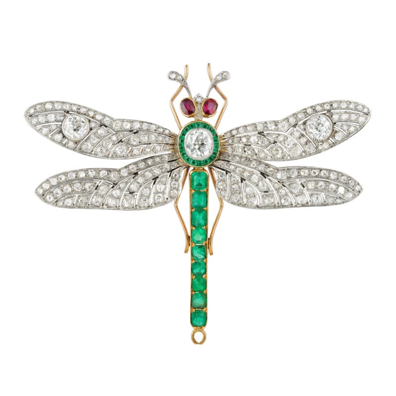 A diamond, emerald and ruby en tremblant dragonfly brooch