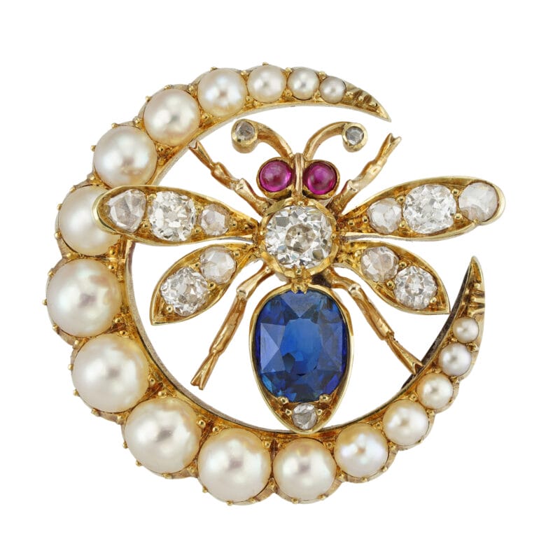 A Victorian sapphire, diamond, pearl and ruby-set bee brooch