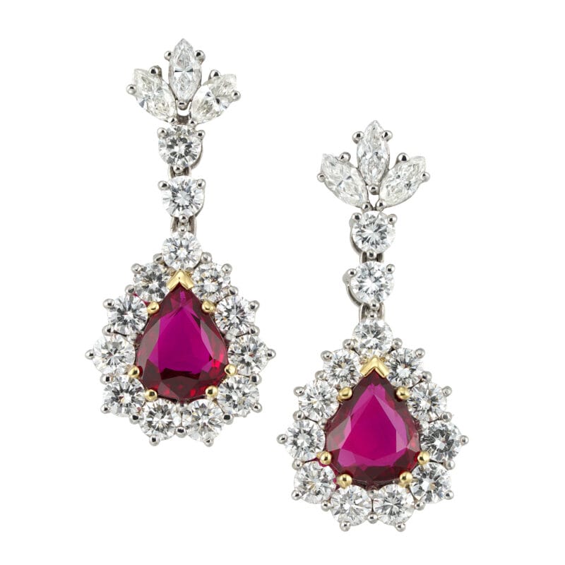 A pair of ruby and diamond cluster drop earrings,