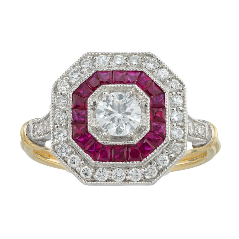 A diamond and ruby octagonal cluster ring