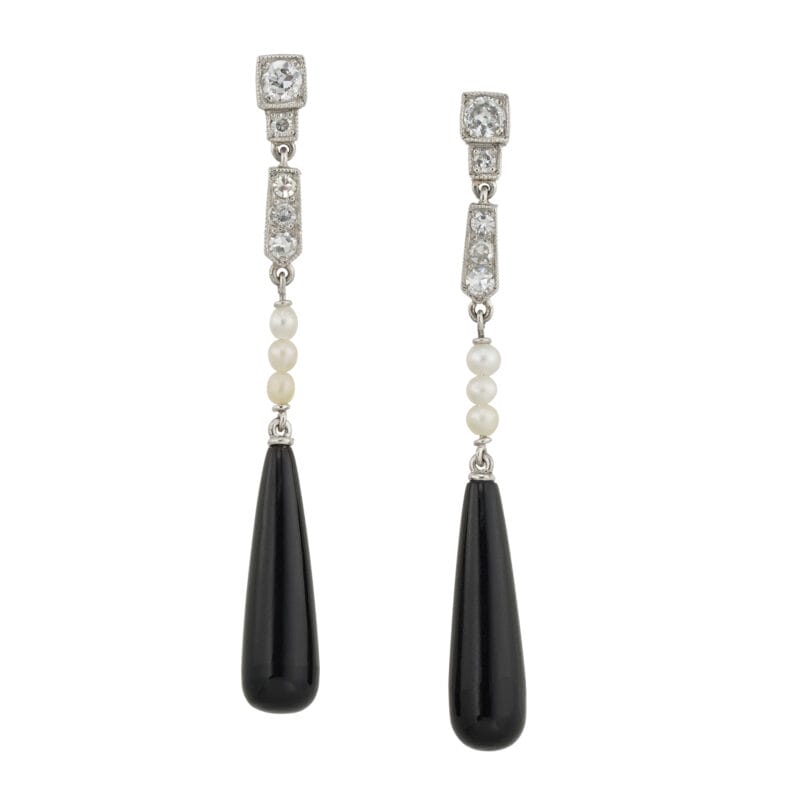 A pair of diamond, pearl and onyx drop earrings