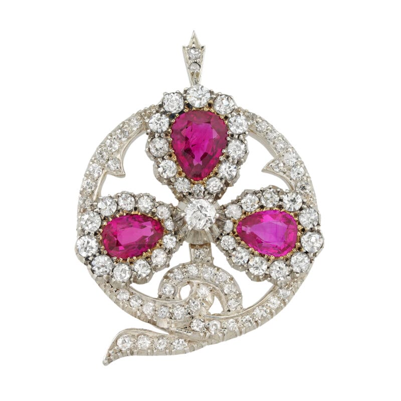 A late Victorian ruby and diamond clover brooch