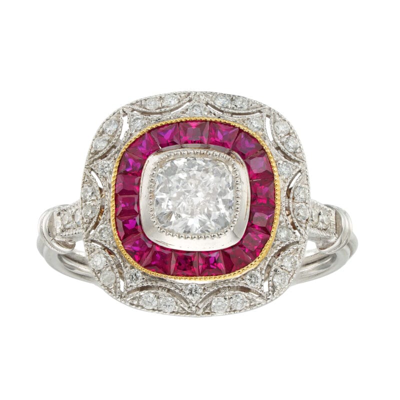 A diamond and ruby cushion cluster ring