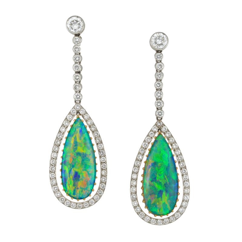 A mid-20th century opal and diamond drop earrings