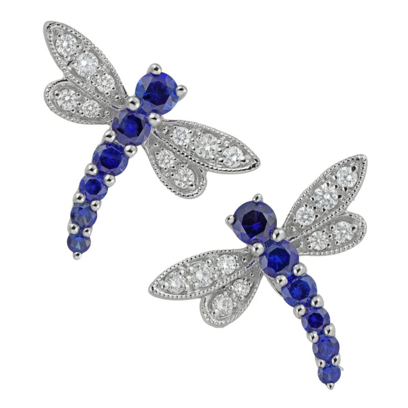 A pair of sapphire and diamond white gold dragonfly earrings