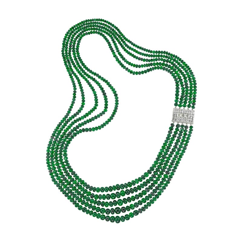 An emerald bead necklace with Art Deco diamond clasp