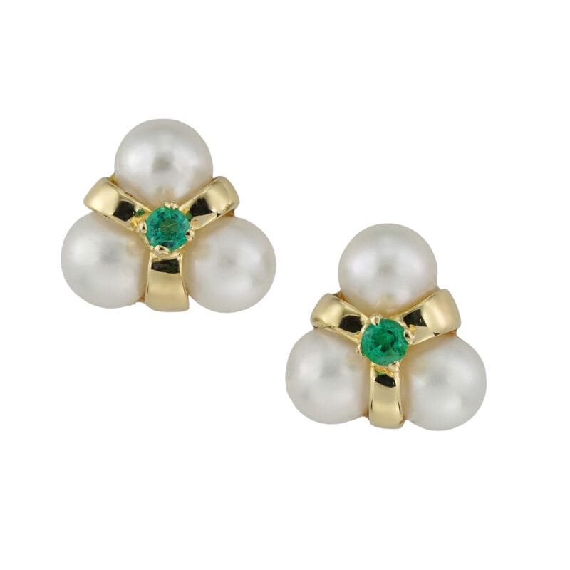 A pair of emerald and cultured pearl cluster earrings