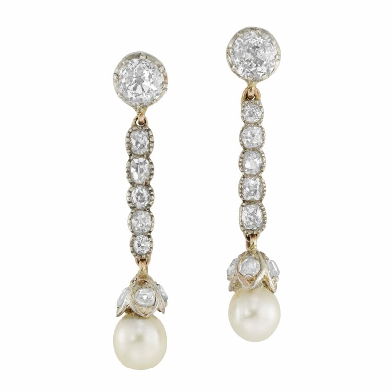 A pair of Victorian natural pearl and diamond drop earrings
