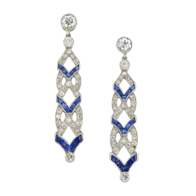 A pair of Art Deco diamond and synthetic sapphire earrings
