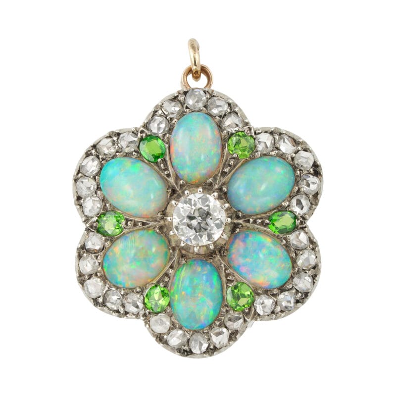 A late Victorian opal, diamond and garnet pendant/brooch