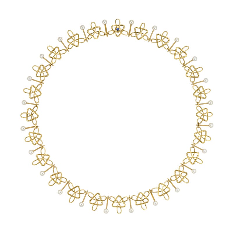 A Dancing Elves Gold & Pearl Necklace By Lucie Heskett Brem